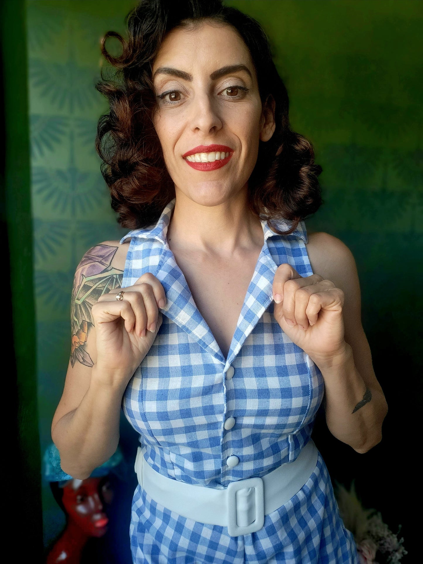 Vintage Style Gingham Playsuit - Blue/White