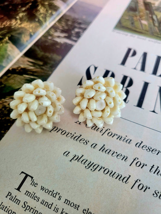 Vintage Large Ivory Lotus Flower Beaded Studs (Screw Post)