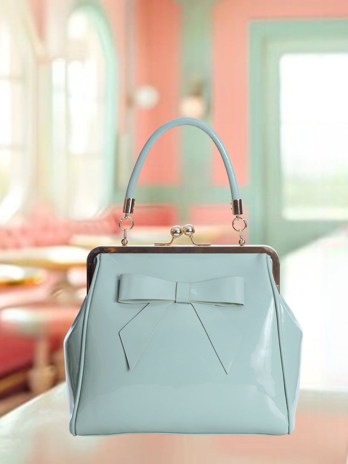Vintage Style Handbag with Bow - Pale Blue