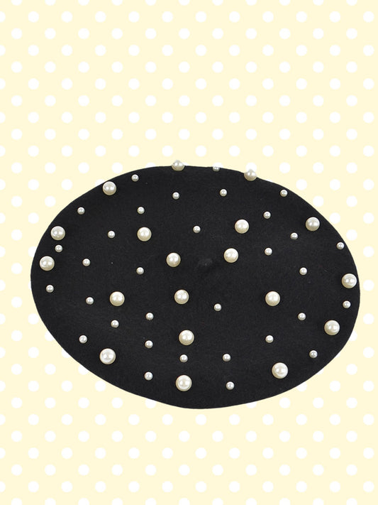 Beret with Pearls - Black
