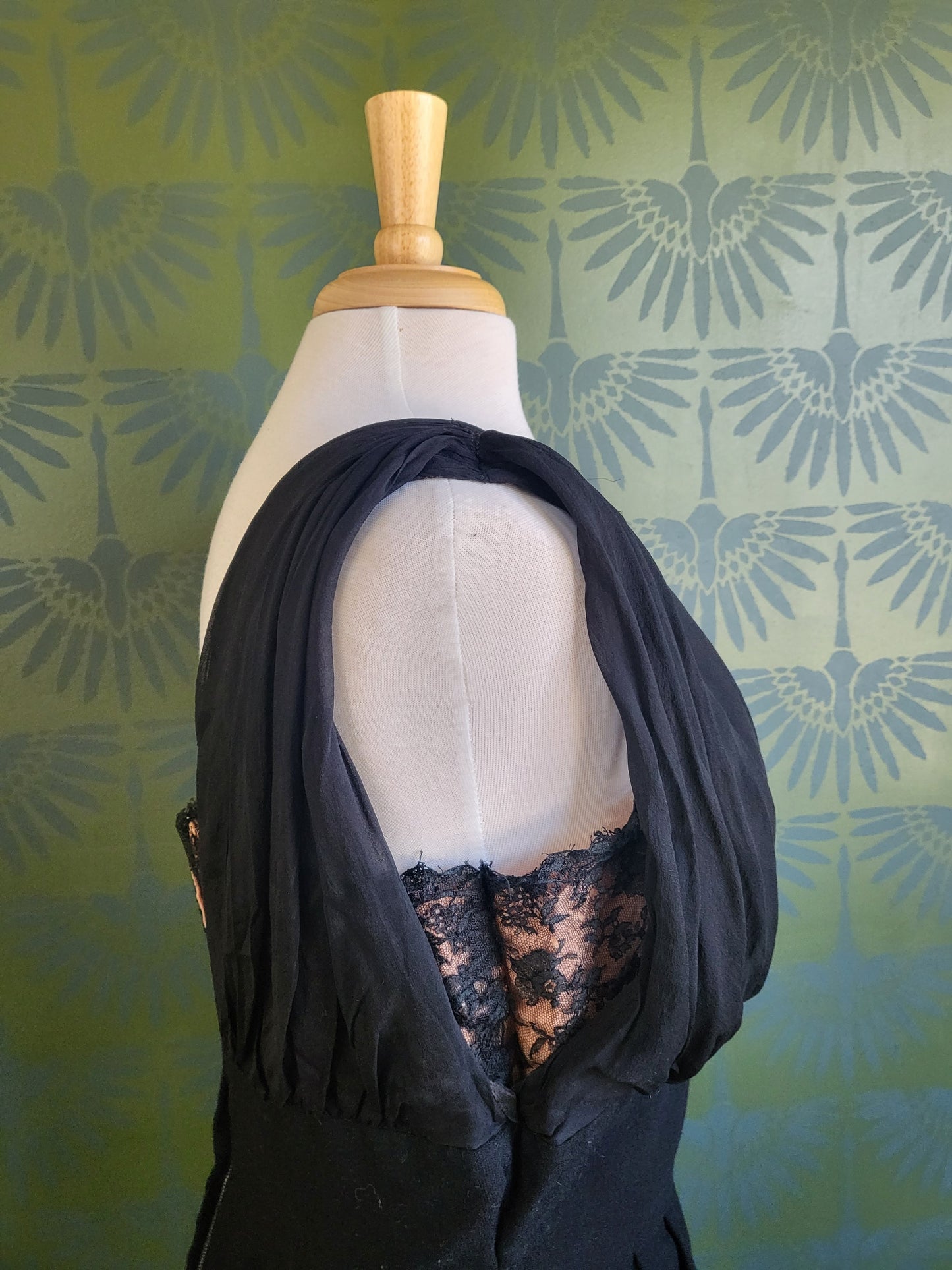 Vintage Black Cocktail Dress with Lace and Silk Chiffon Bodice