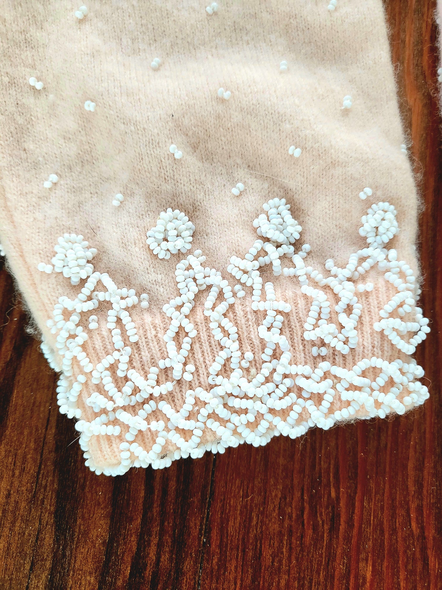 SOLD - Vintage 1950's Doreen Loh Pale Peach Beaded Cashmere Wool Cardigan