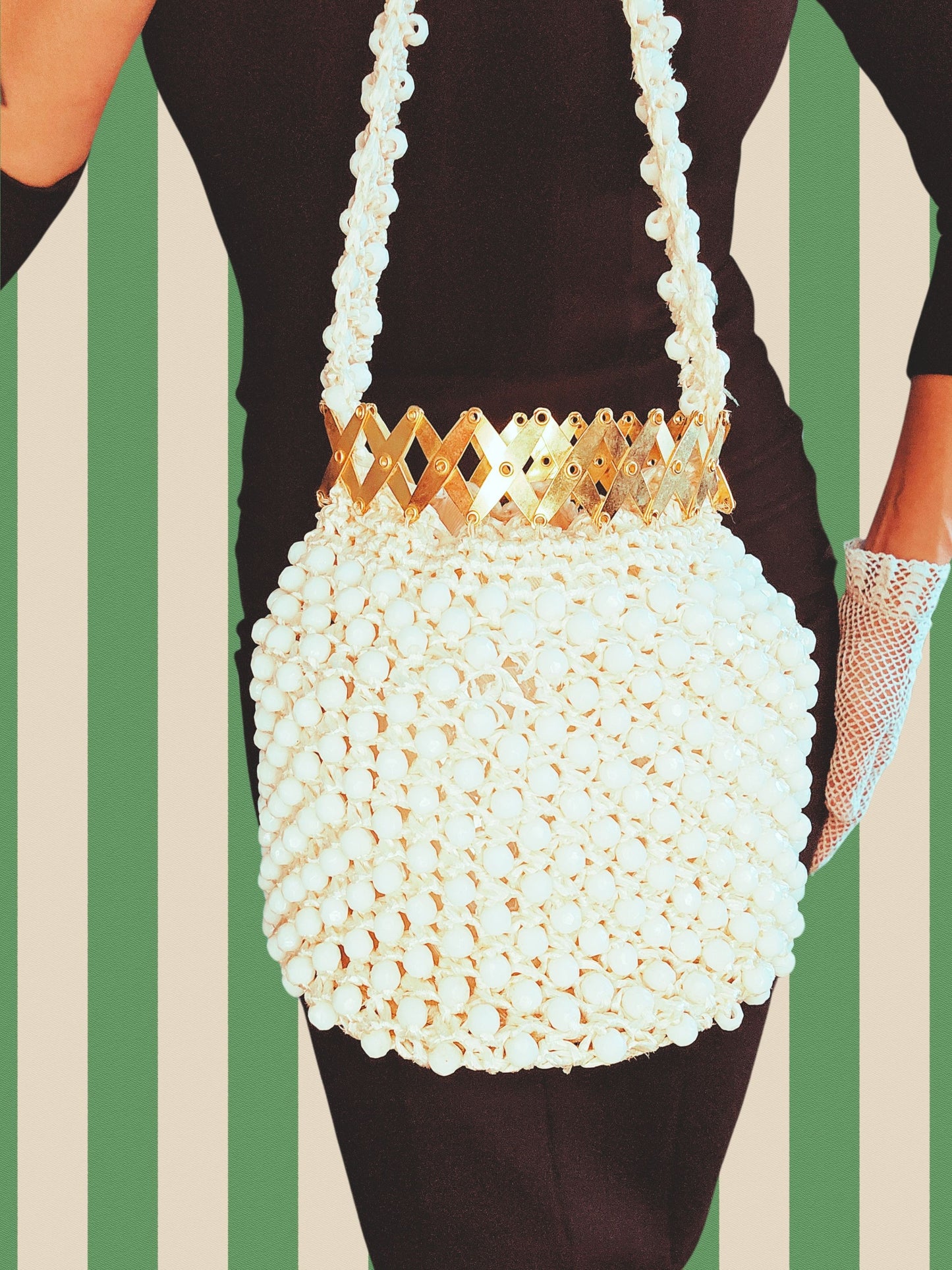 SOLD - Vintage 1950's "Le Jule" White Beaded Straw Accordion Top Bag