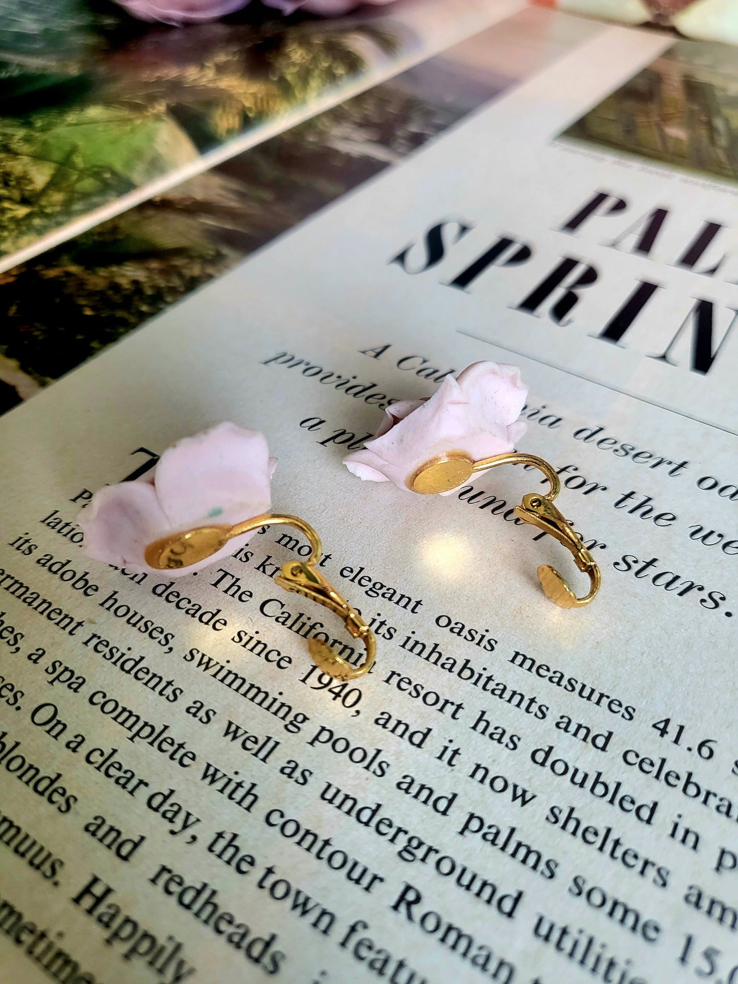Vintage Pink Clay Rose Earrings and Golden Fence with Pink Roses Brooch Set (Clip-on)