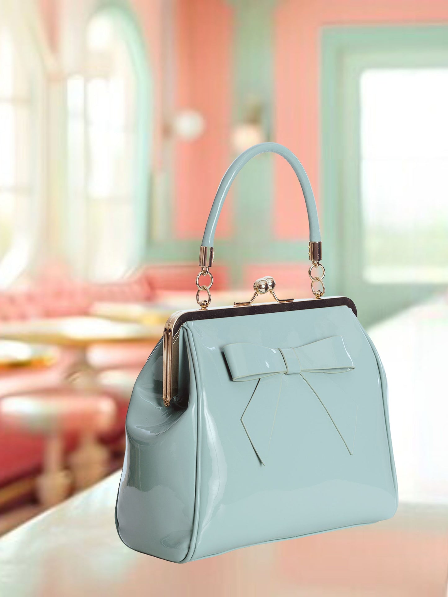 Vintage Style Handbag with Bow - Pale Blue