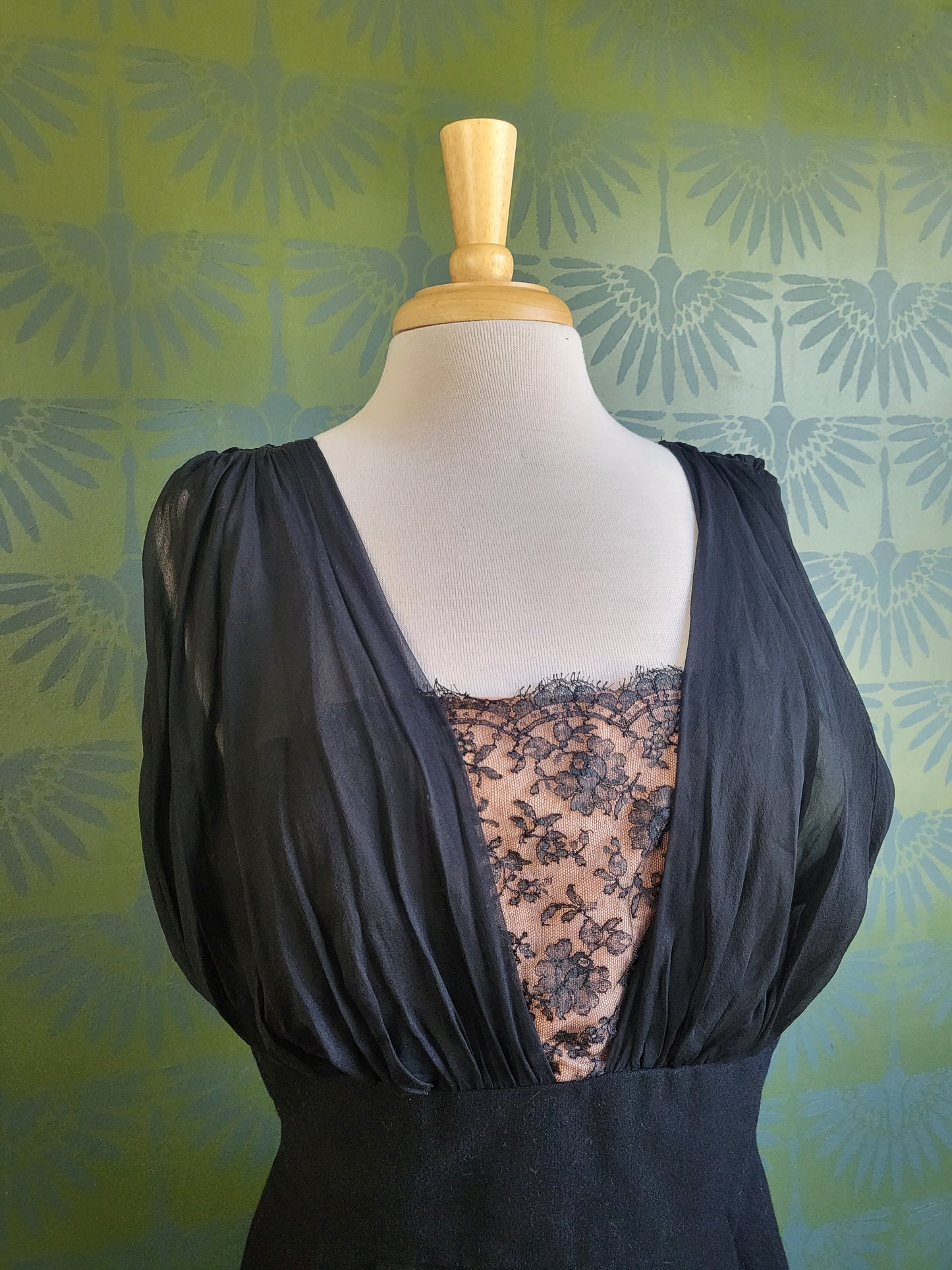 Vintage Black Cocktail Dress with Lace and Silk Chiffon Bodice