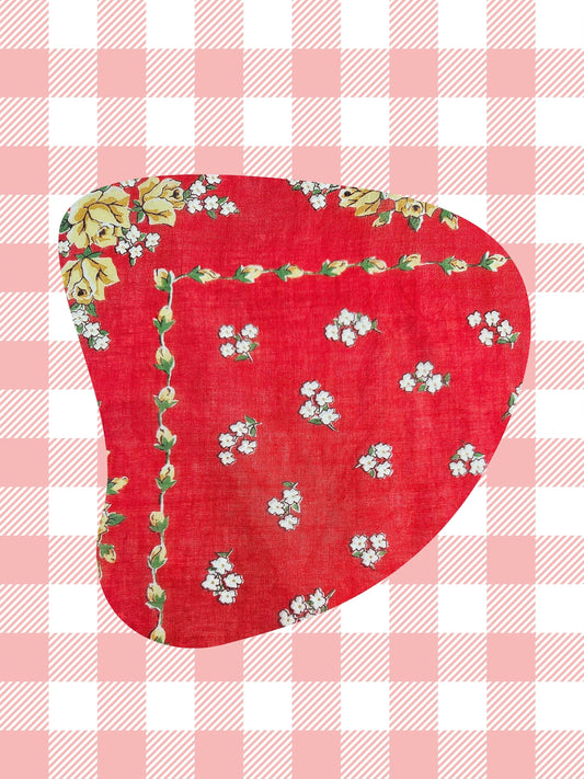 Vintage Handkerchief Square - Red Floral Scalloped Edge
