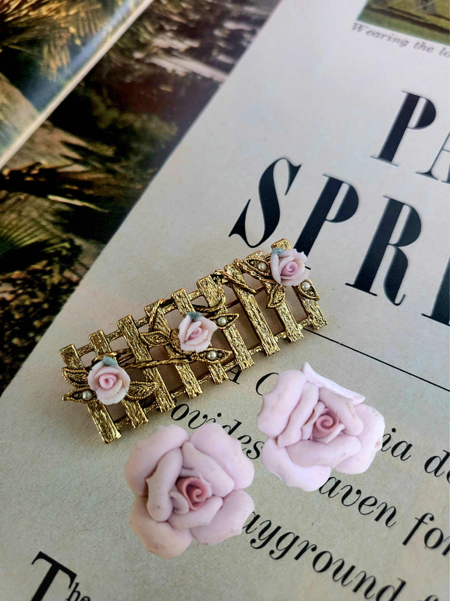 Vintage Pink Clay Rose Earrings and Golden Fence with Pink Roses Brooch Set (Clip-on)