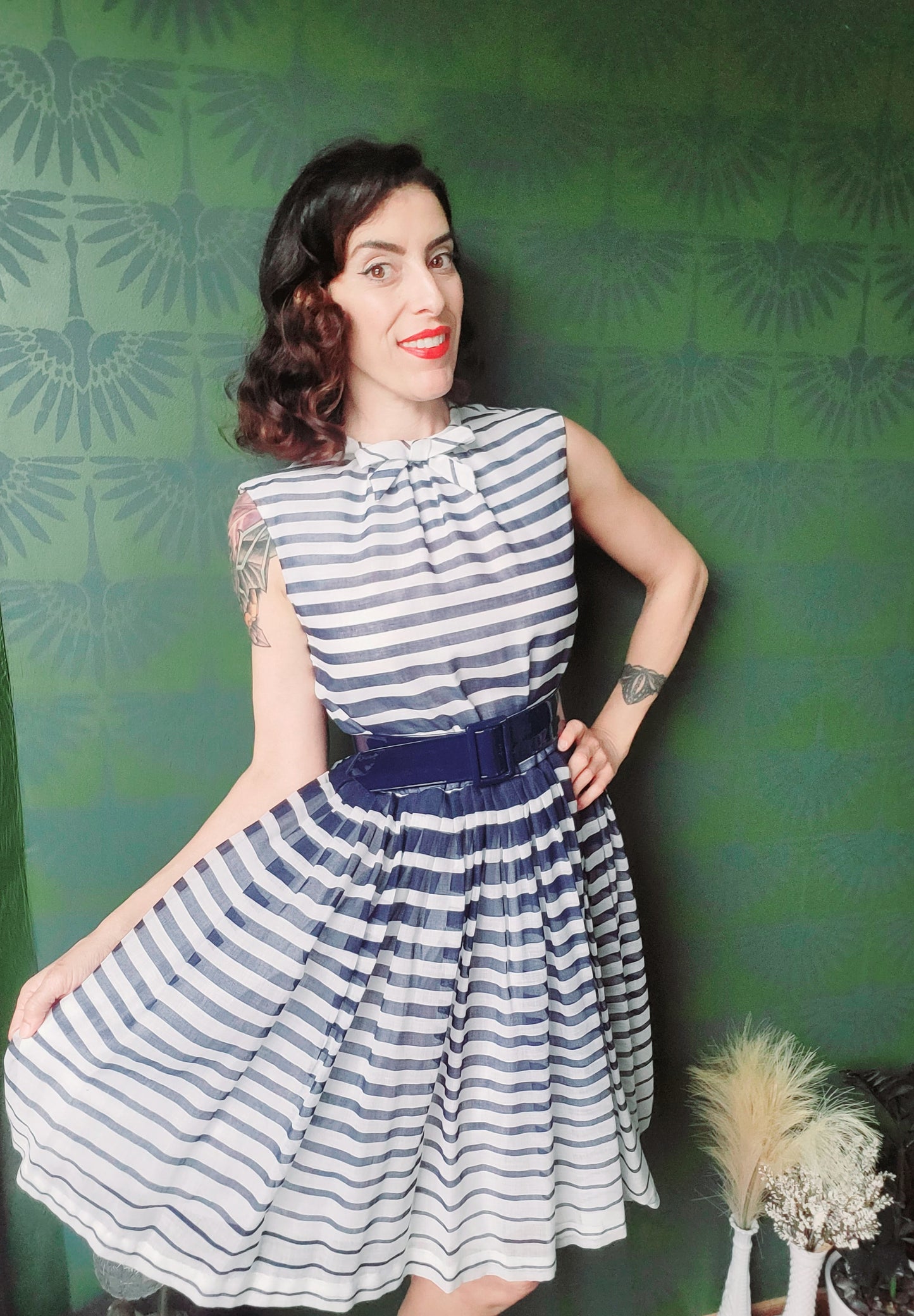 SOLD - Vintage Hartly Westwood Fashions Striped Full Skirt Dress -Navy/White