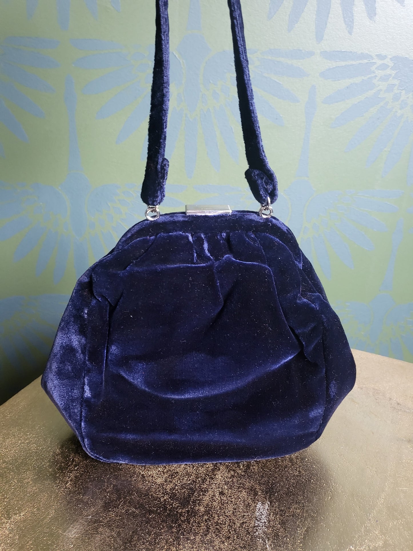 SOLD - Vintage 1940's-1950's Navy Velvet Evening Bag - Rhinestone and Pearl Clasp