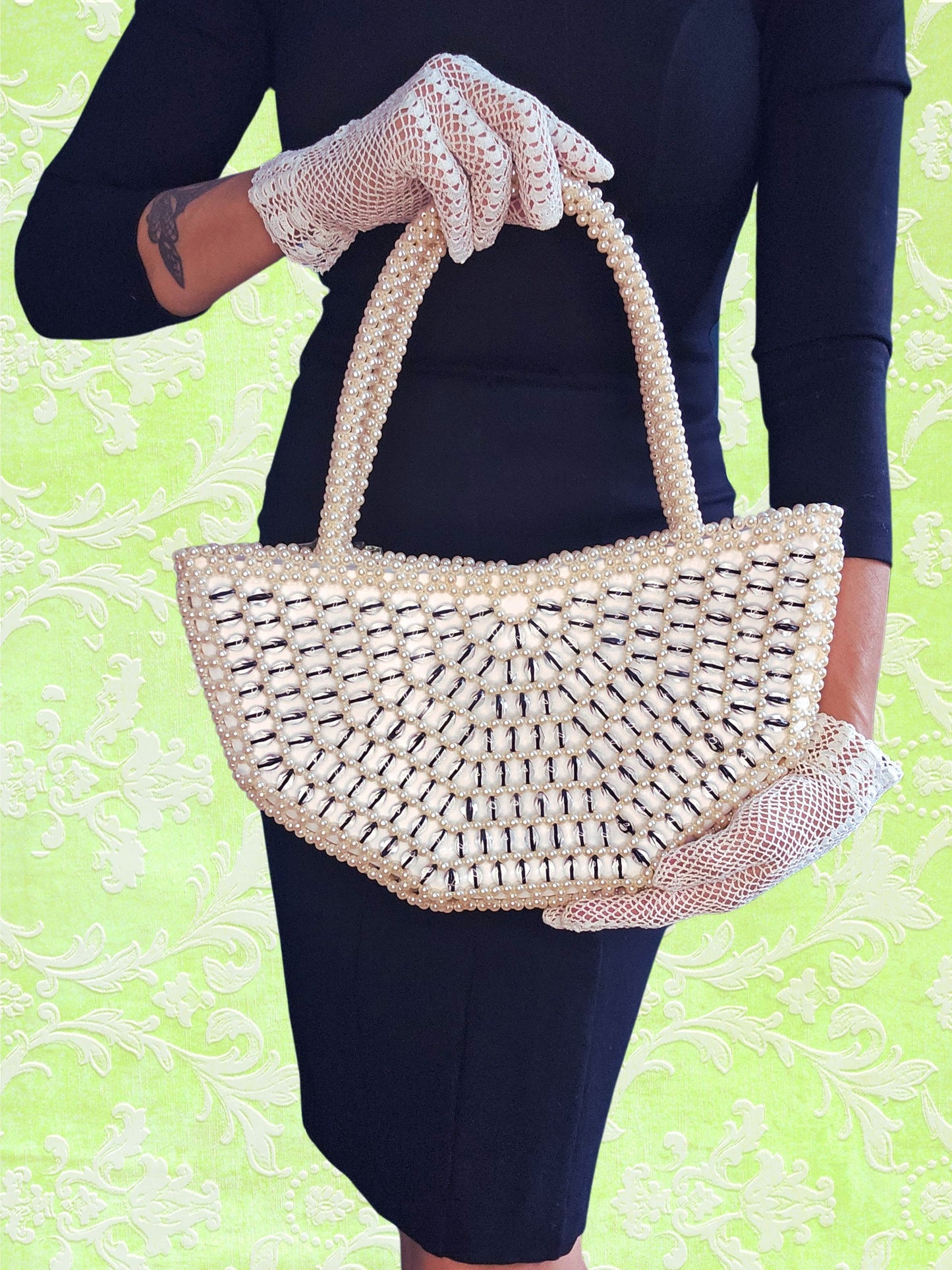 SOLD - Vintage Faux Pearl and Beaded Spider Web Handbag