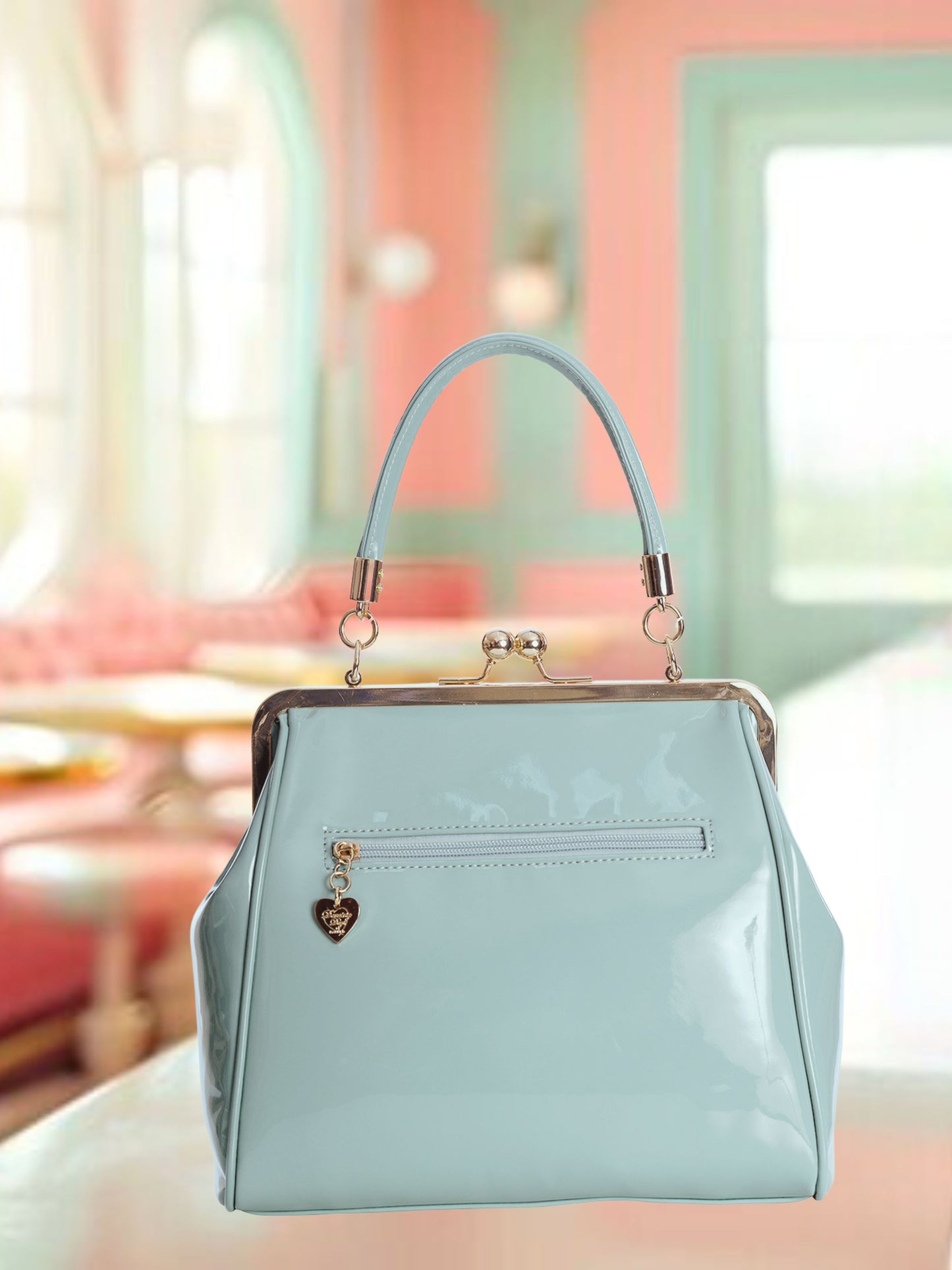 Vintage Style Handbag with Bow - Pale Blue