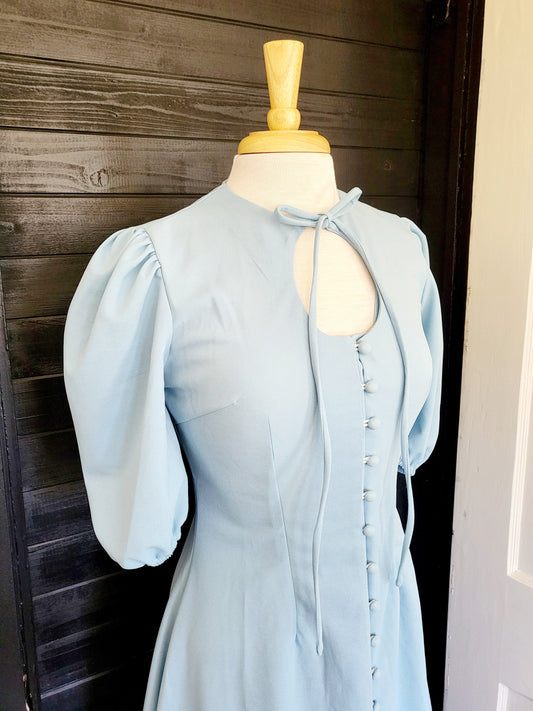 Vintage Style Button Front Keyhole A-line Dress-Pale Blue