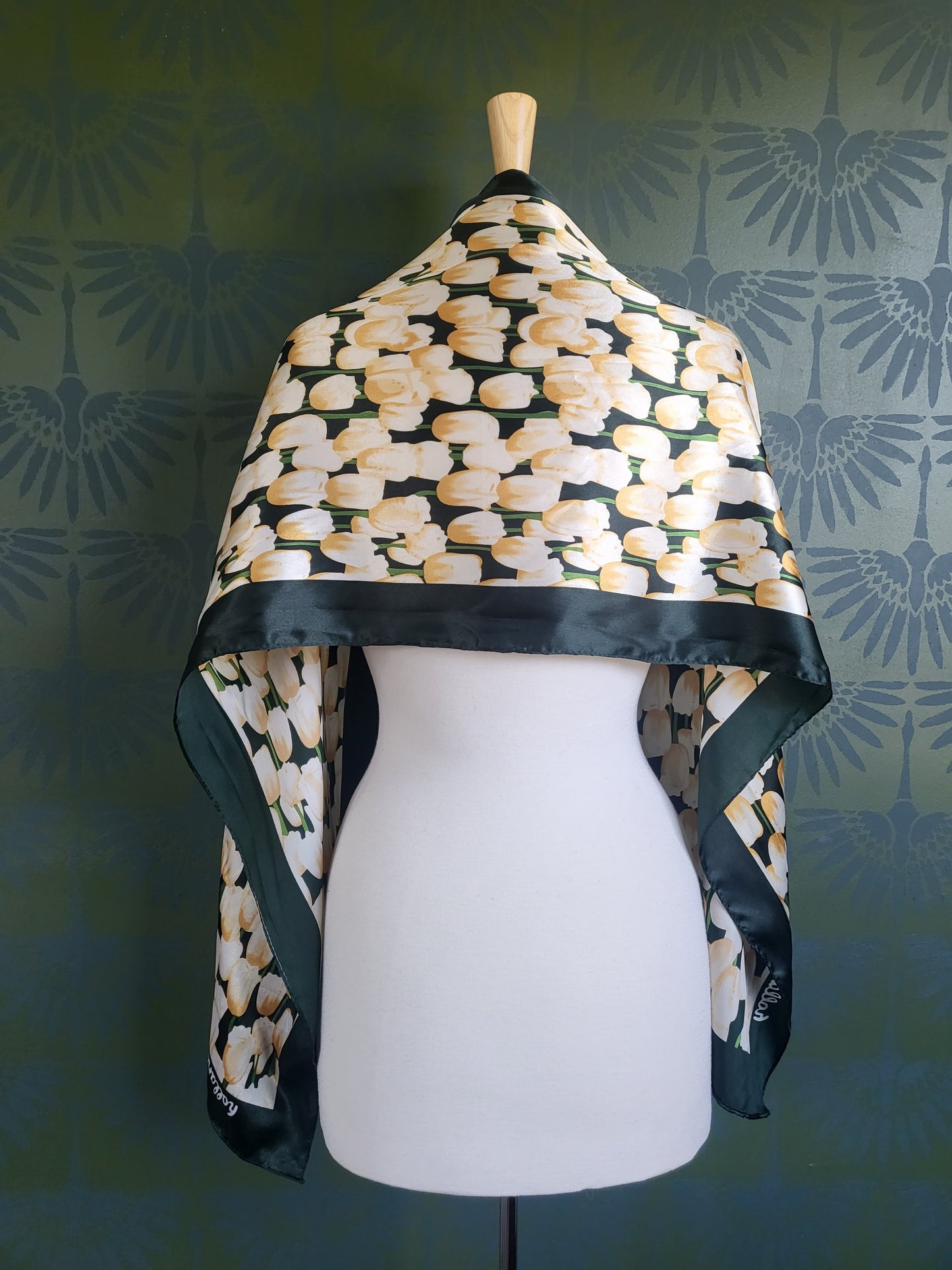 SOLD - Vintage Robin Ruth Tulip Scarf Forrest Green Floral Flowers Long Rectangle