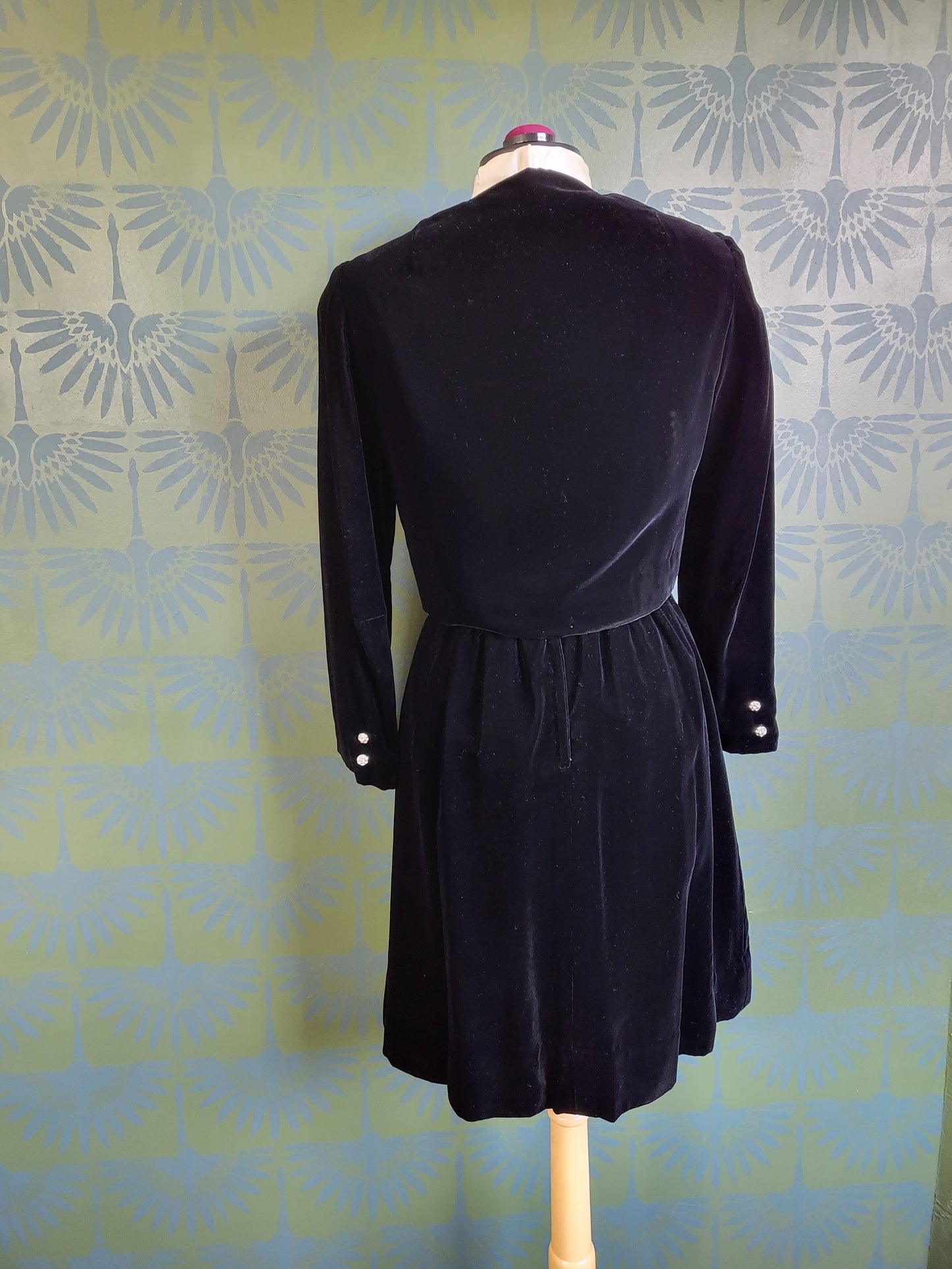 Vintage 1960's Ivory Satin and Black Velvet Color Block Dress with Bolero