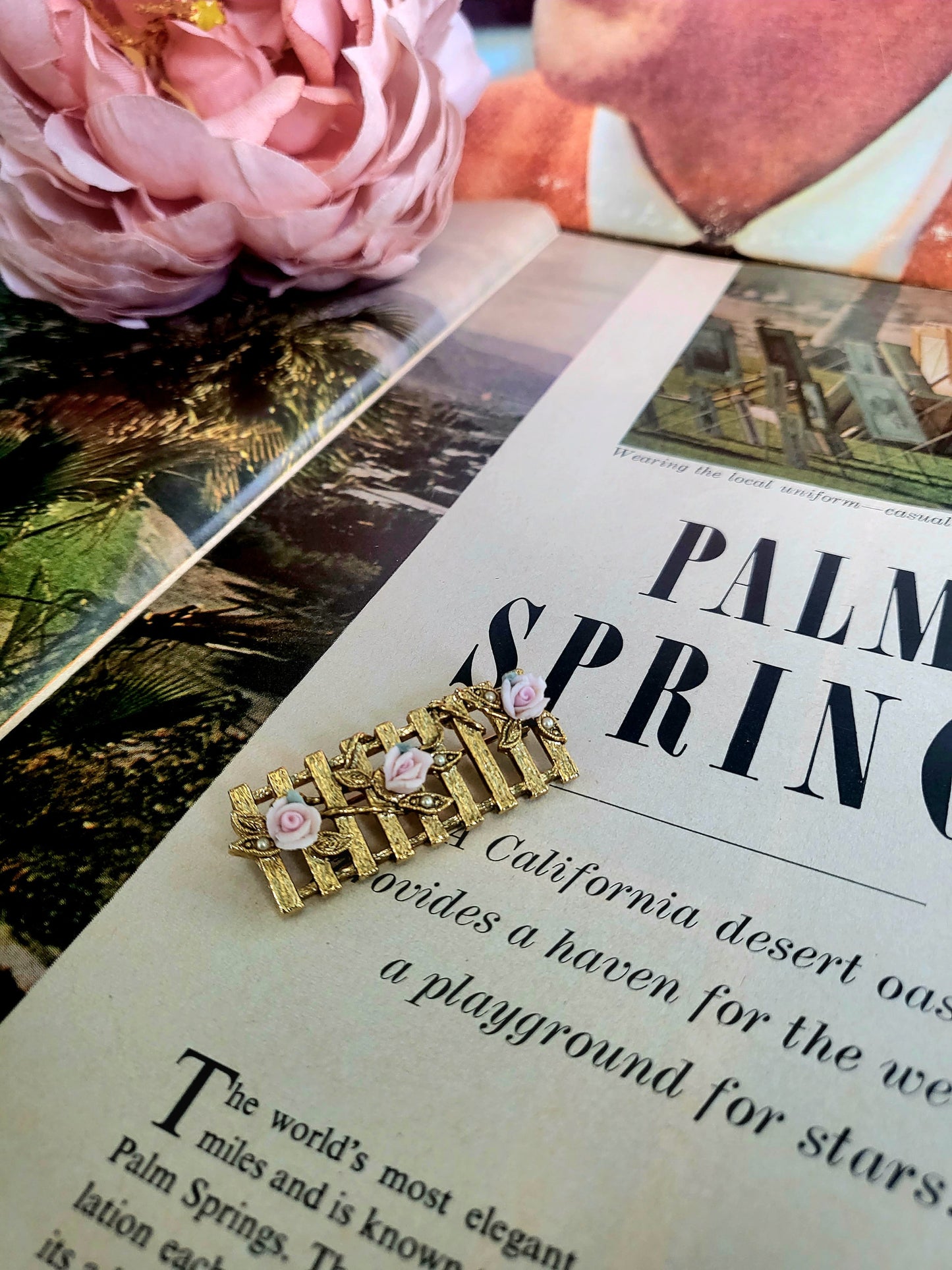 Vintage Pink Clay Rose Earrings and Golden Fence with Pink Roses Brooch Set (Clip-on)