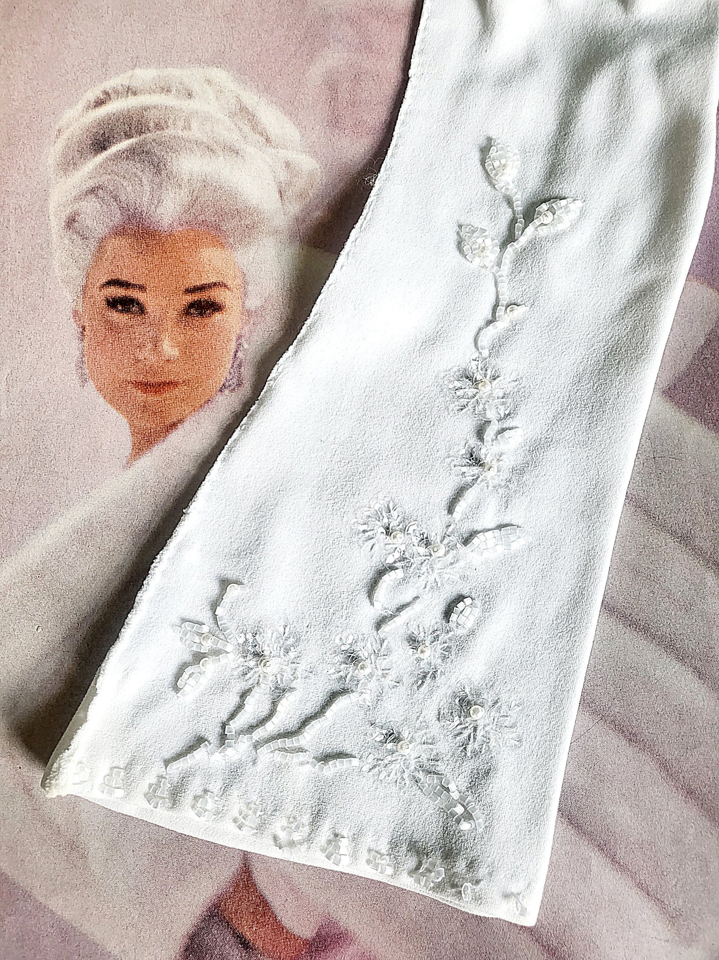 SOLD - Vintage 1950's-1960's White Nylon Floral Beaded Long Gloves
