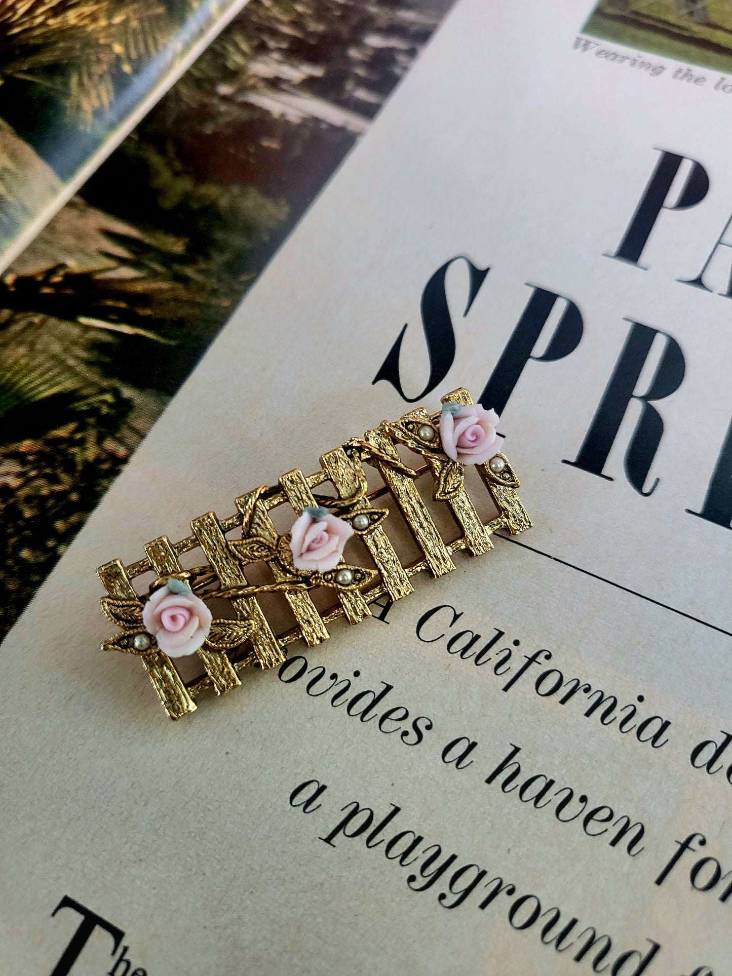 Vintage Pink Clay Rose Earrings and Golden Fence with Pink Roses Brooch Set (Clip-on)