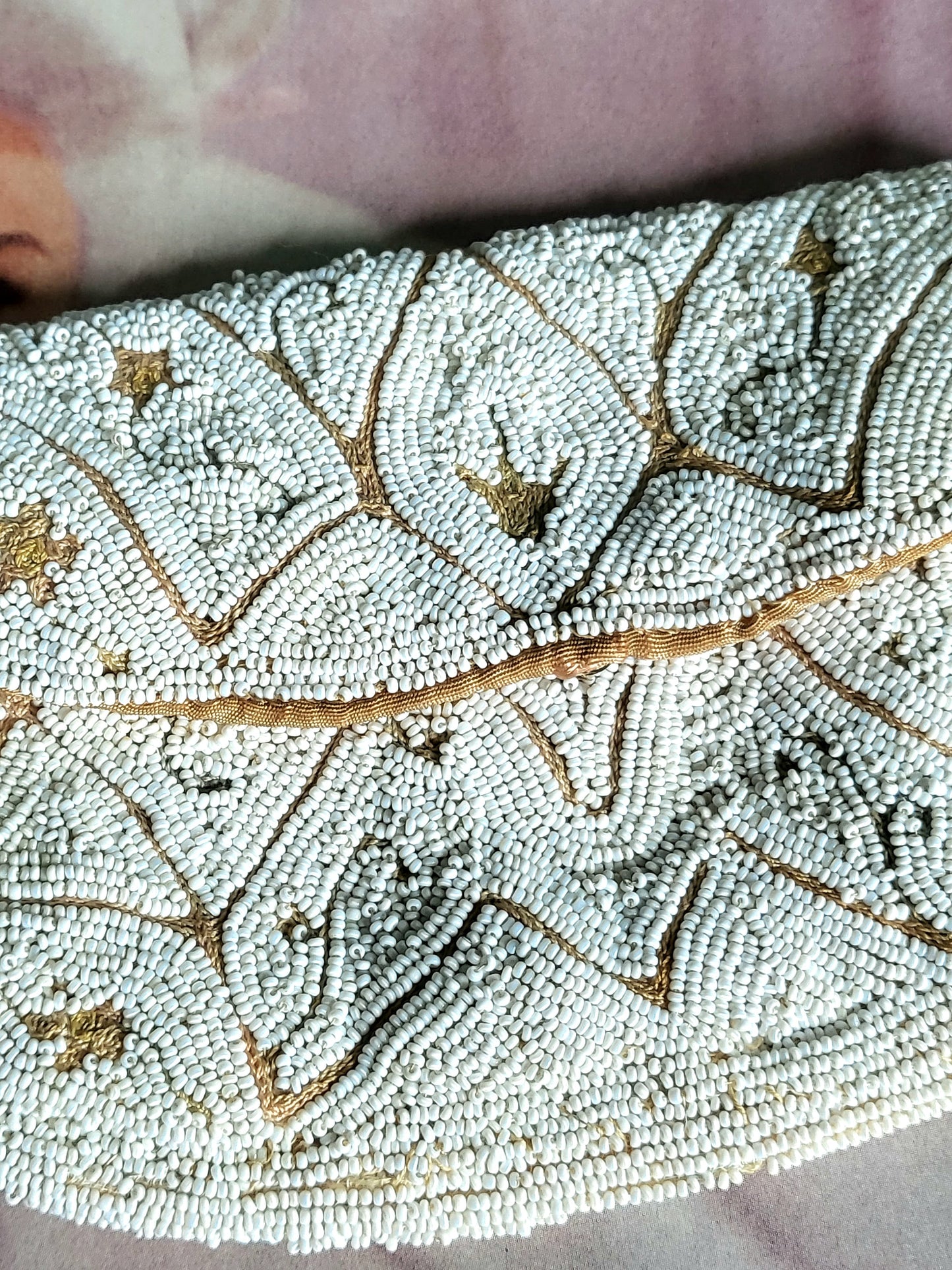 SOLD - Vintage 1930s Hand Beaded Palm Clutch - White and Peach