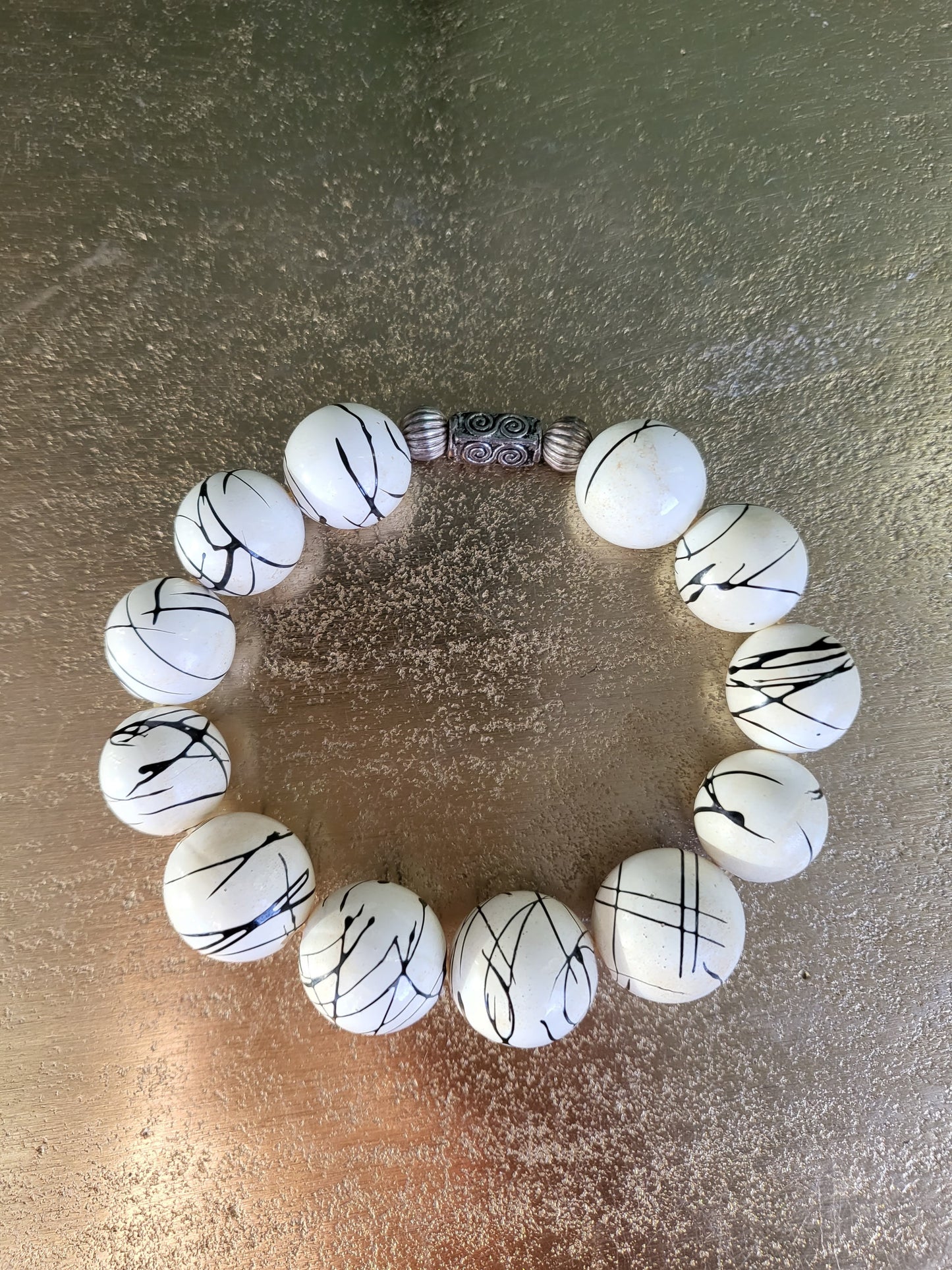 SOLD - Vintage White and Black Abstract Flower Earrings and Bracelet Set