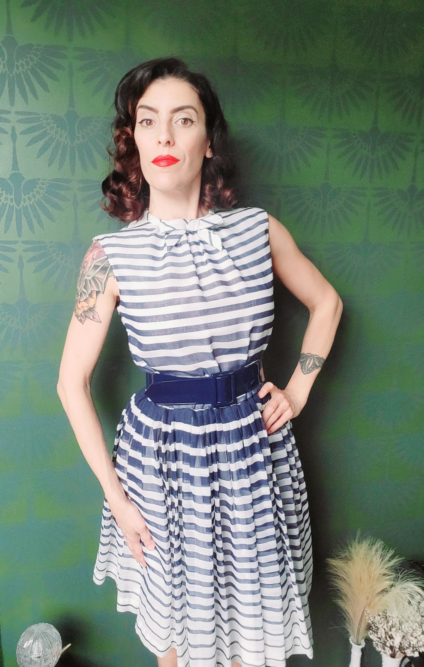 SOLD - Vintage Hartly Westwood Fashions Striped Full Skirt Dress -Navy/White