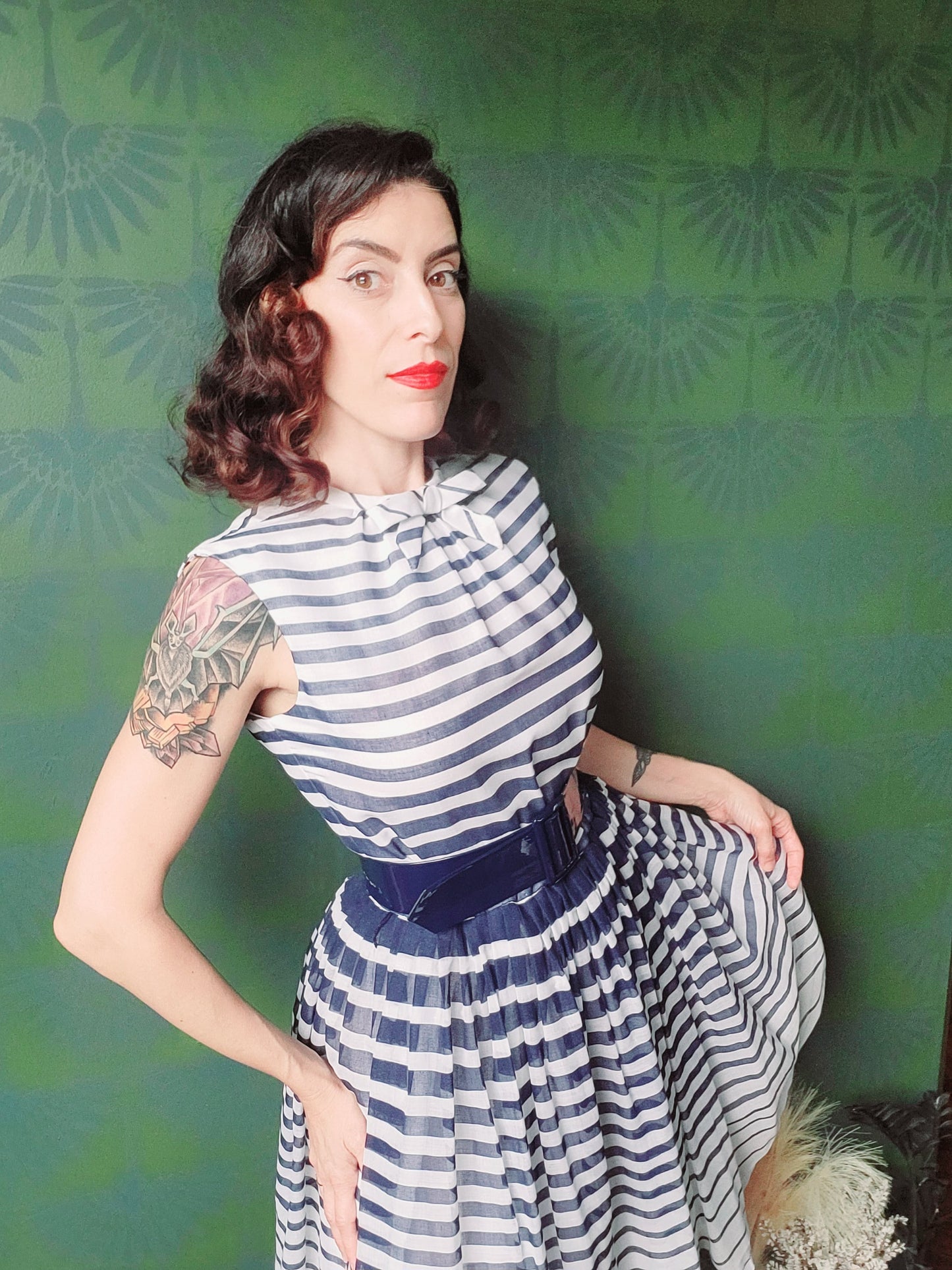 SOLD - Vintage Hartly Westwood Fashions Striped Full Skirt Dress -Navy/White