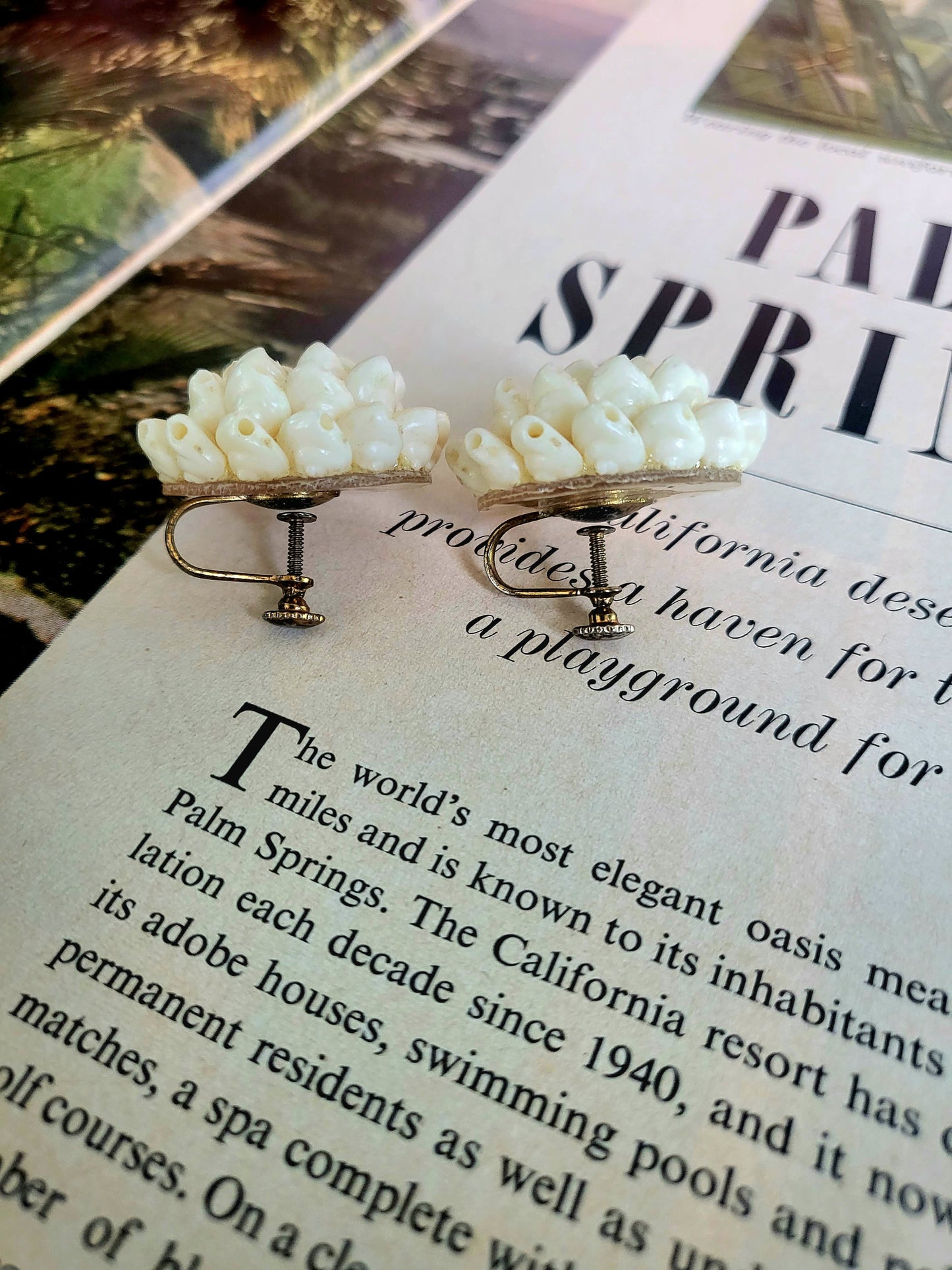 Vintage Large Ivory Lotus Flower Beaded Studs (Screw Post)