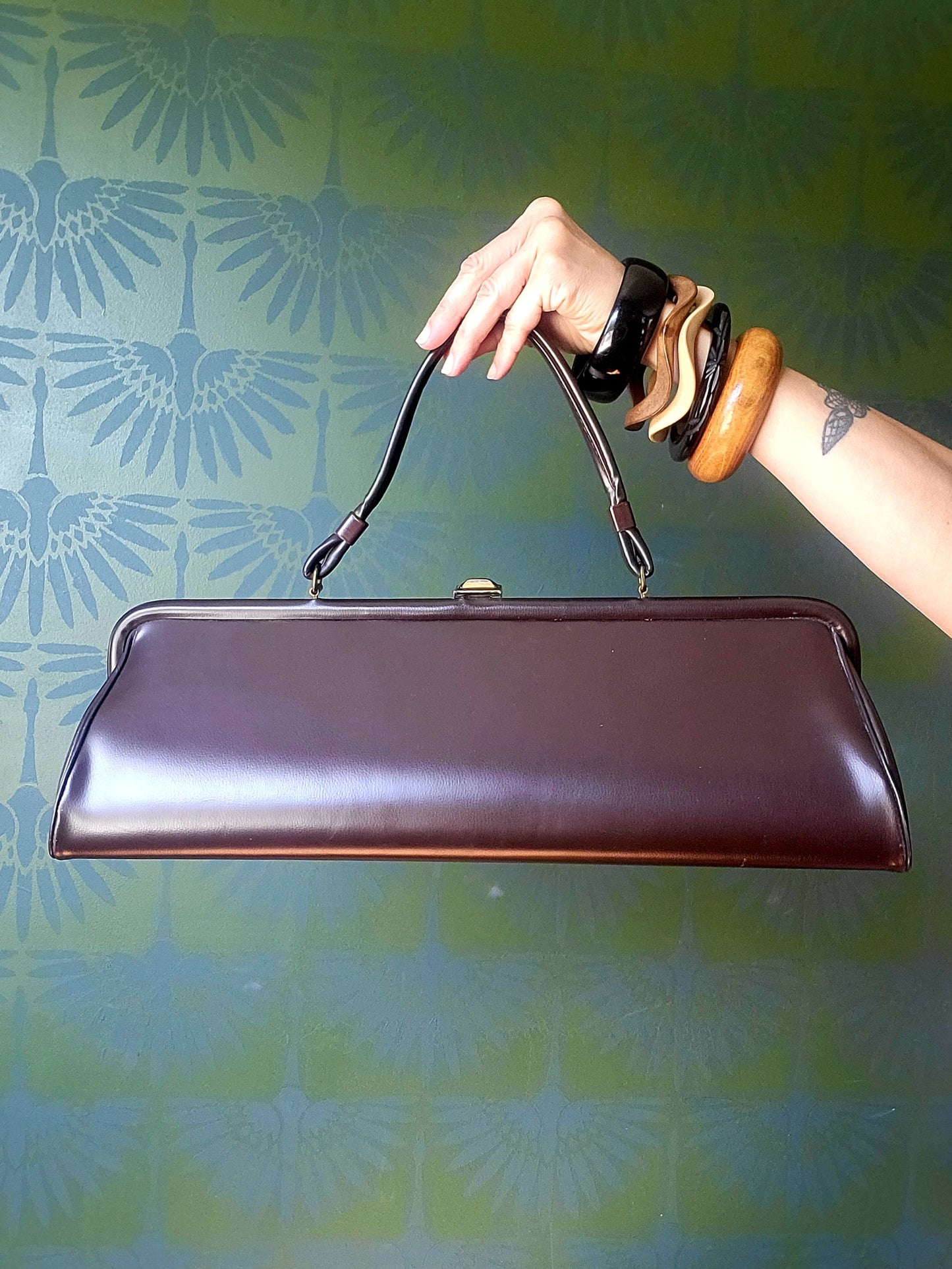 SOLD - Vintage 1950's - 1960's Chocolate Brown Vinyl Barrell Handbag