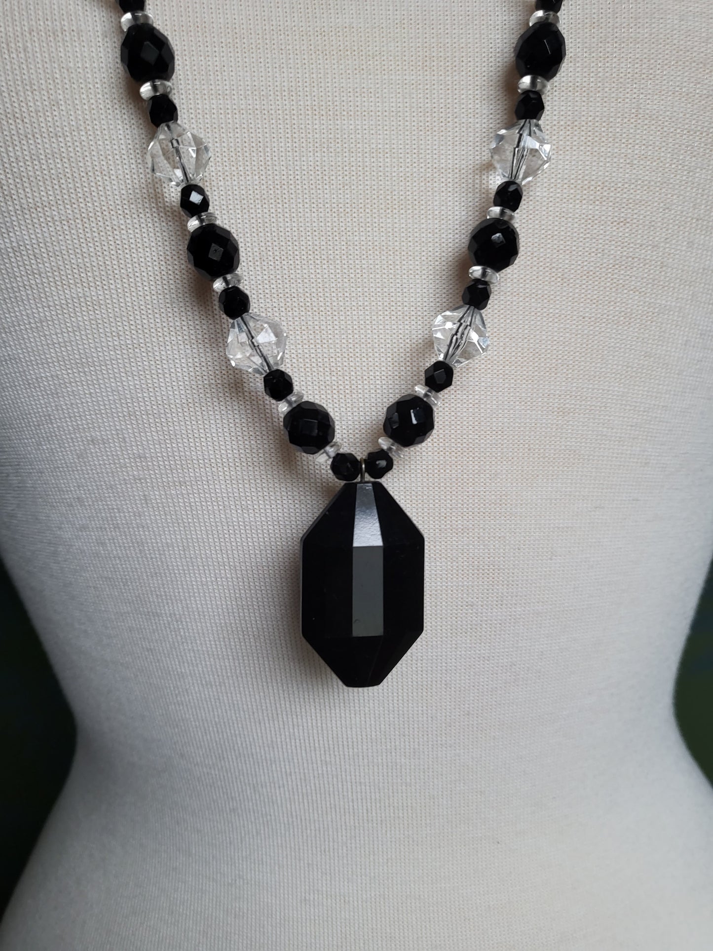Vintage Faux Crystal Chandelier Beaded Necklace- Clear and Black