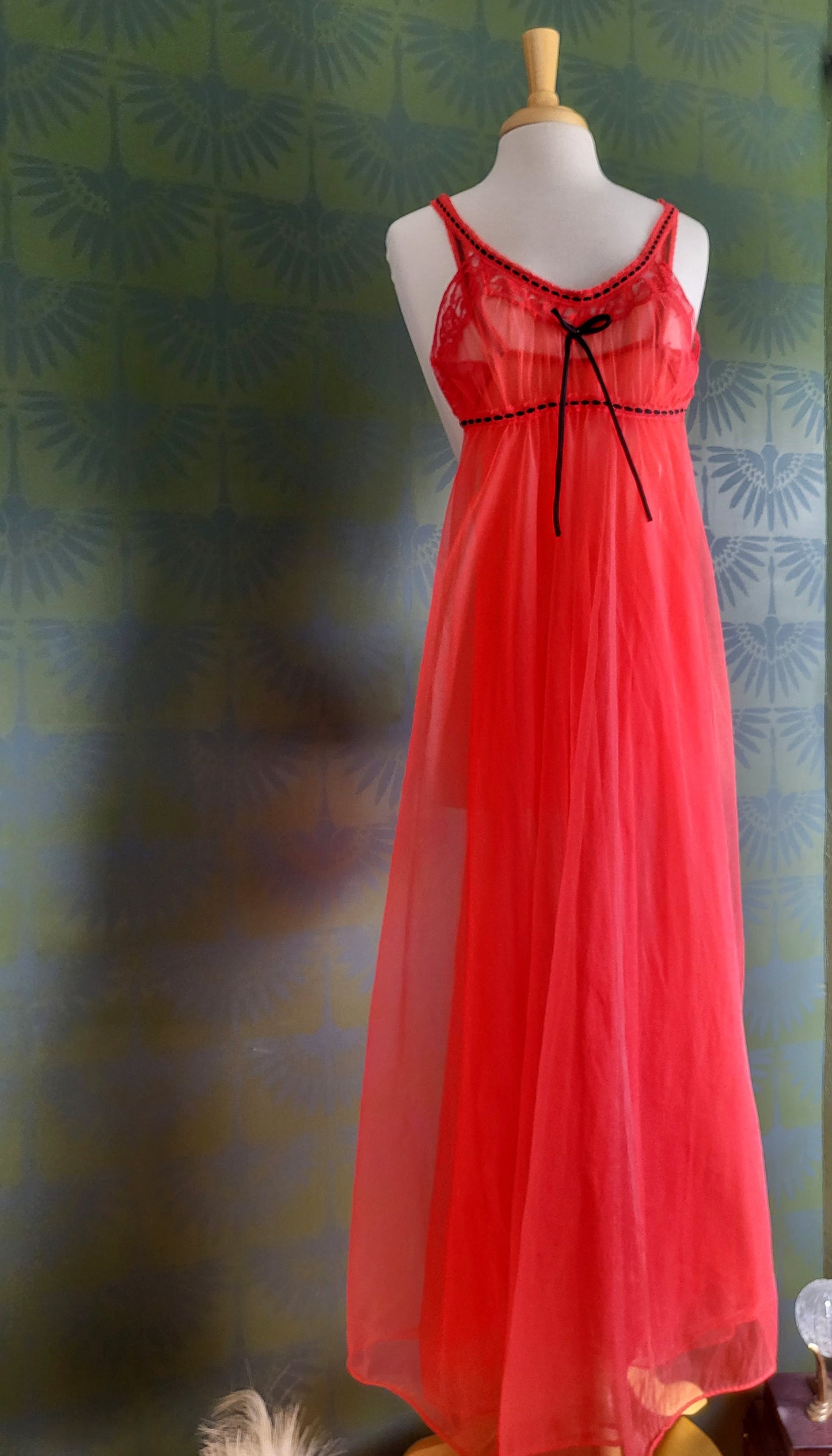 SOLD - Vintage Red Chiffon and Lace Trim Long Negligee