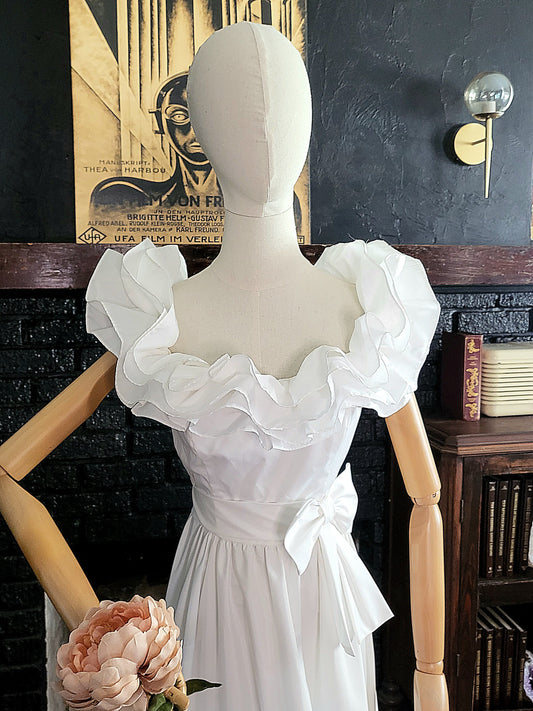 STYLE 1012 - Vintage 1970's-1980's White Off the Shoulder Ruffle Neck Wedding Gown