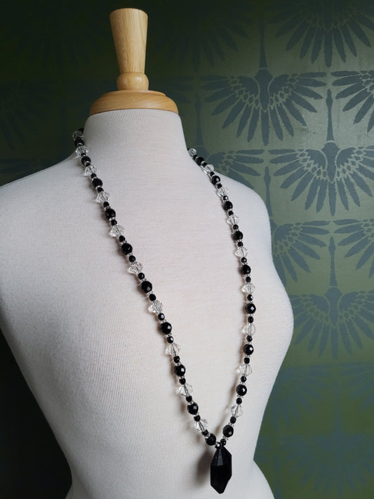 Vintage Faux Crystal Chandelier Beaded Necklace- Clear and Black