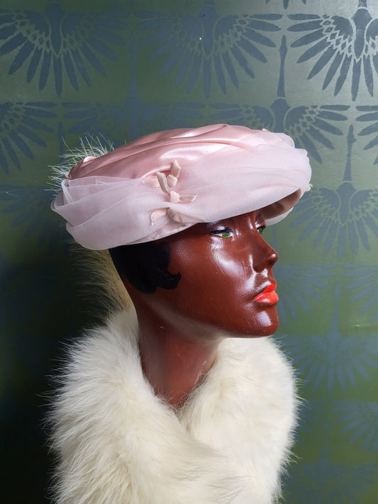 HAT84 - Vintage 1950's Pink Satin and Tulle Topper
