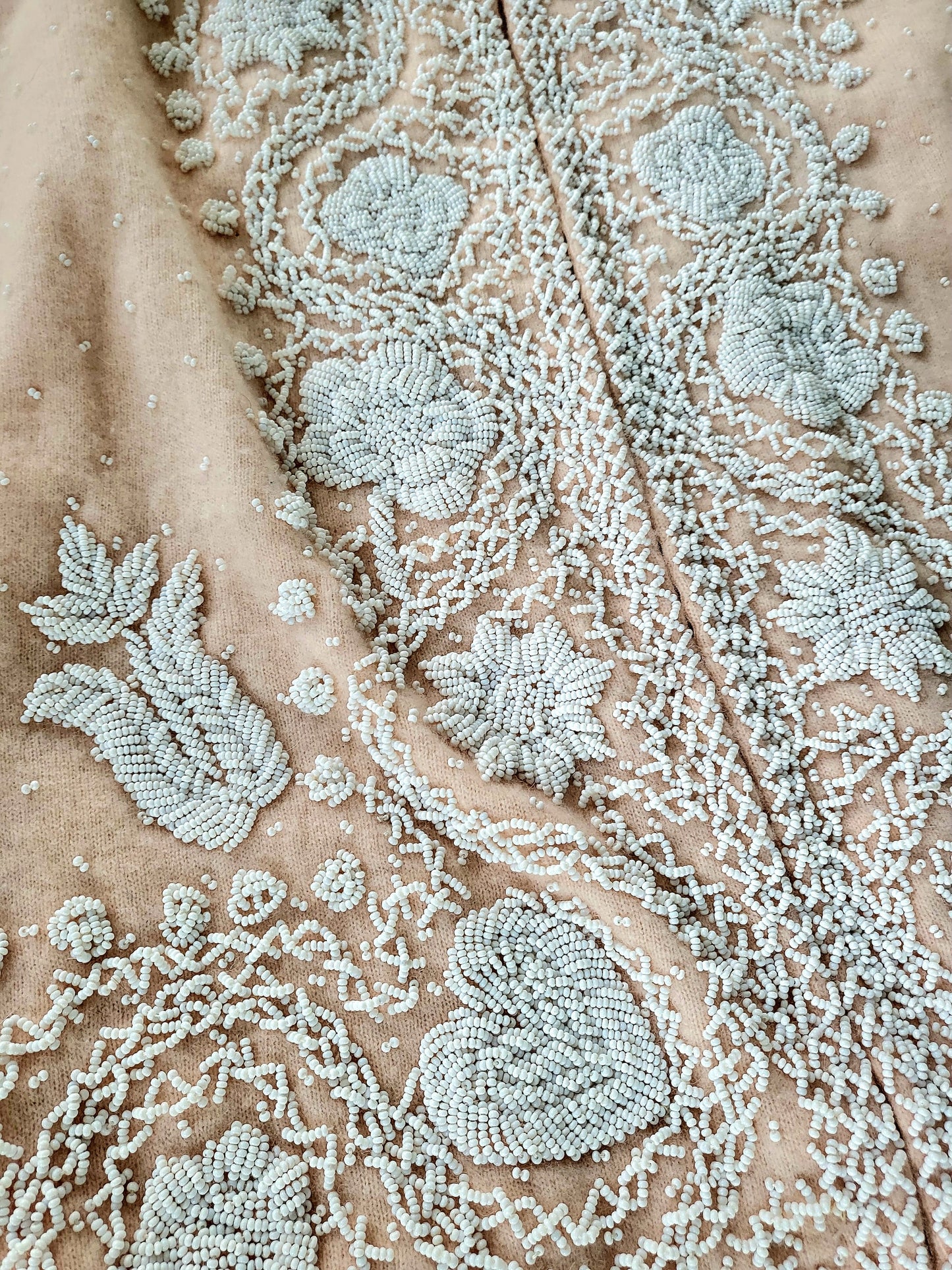 SOLD - Vintage 1950's Doreen Loh Pale Peach Beaded Cashmere Wool Cardigan