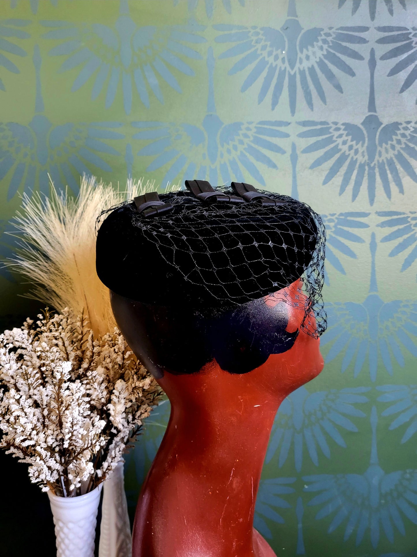 SOLD - Vintage 1950's Black Velvet Pillbox with Ribbon Detail & Birdcage Veil