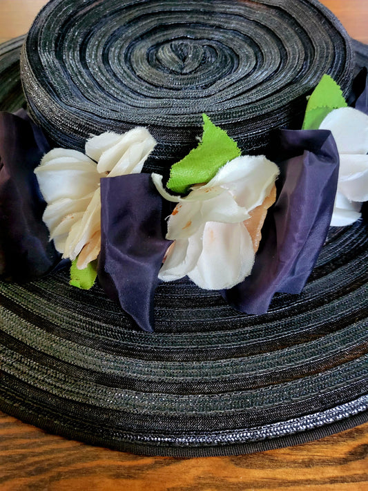 HAT27 - Vintage Striped Black Straw Weave Wide Brim Sun Hat