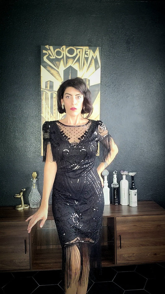 1920s Style Black Beaded Fringe Sleeve Nadine Flapper Dress