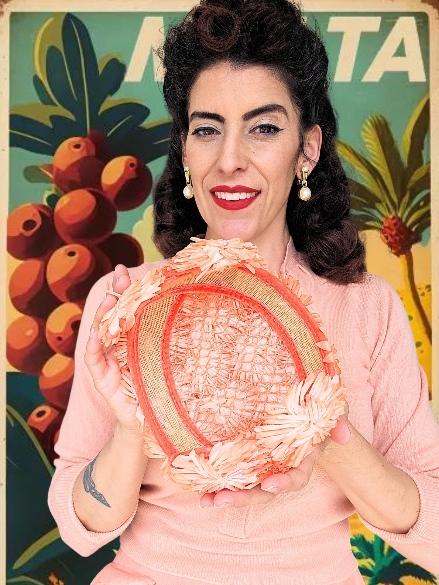 SOLD - Vintage 1950's - 1960's Peach Chrysanthemum Crescent Topper