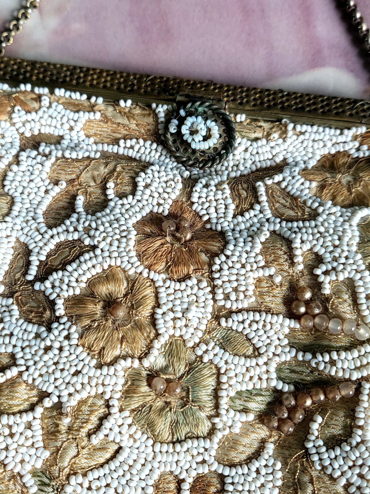 SOLD - Vintage 1930's Micro-Beaded and Embroidered Floral Evening Bag - Gold & Ivory