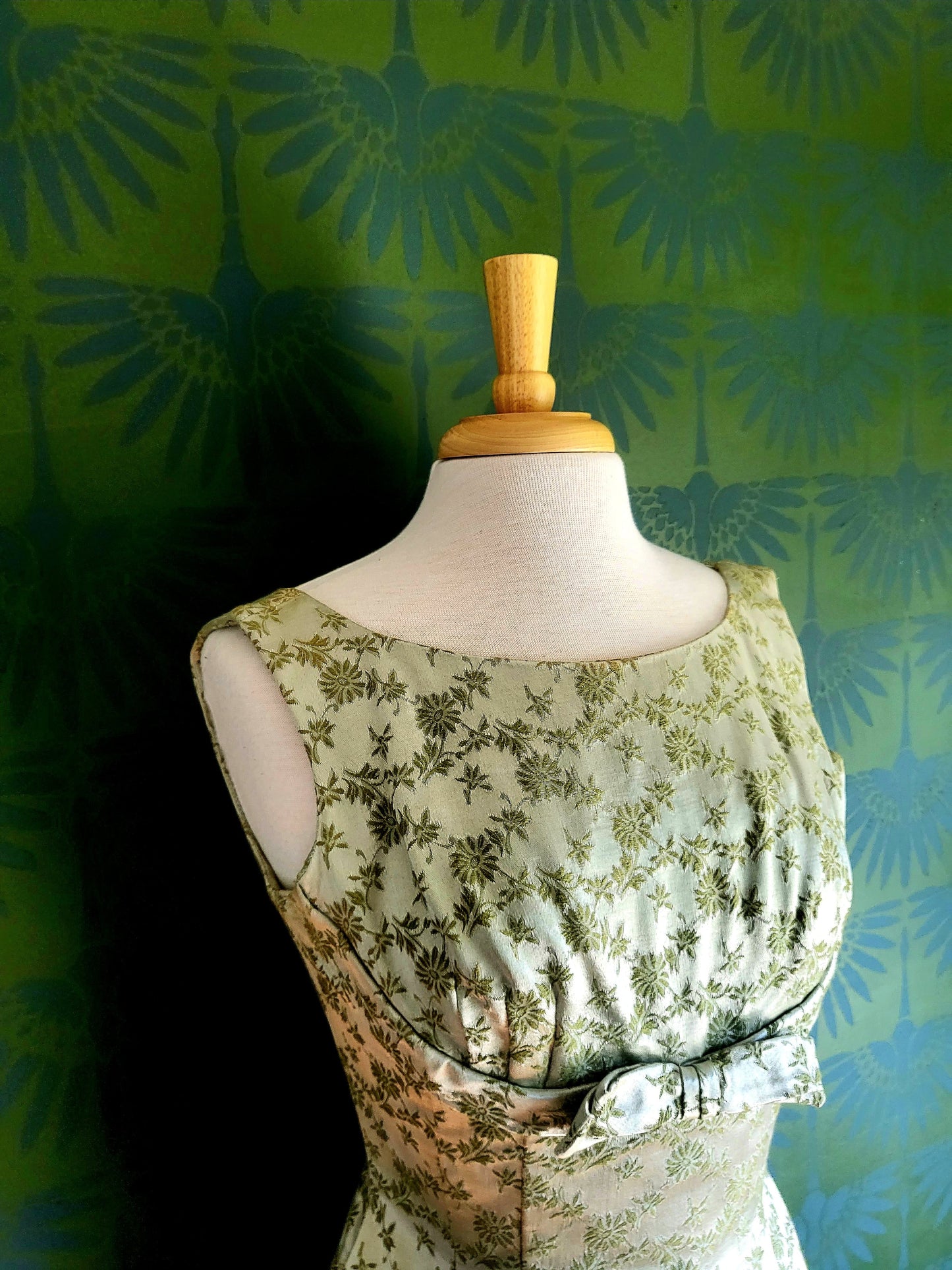 SOLD - Vintage 1950's-1960's Carol Craig Sage Green Brocade Wiggle Dress with Bolero