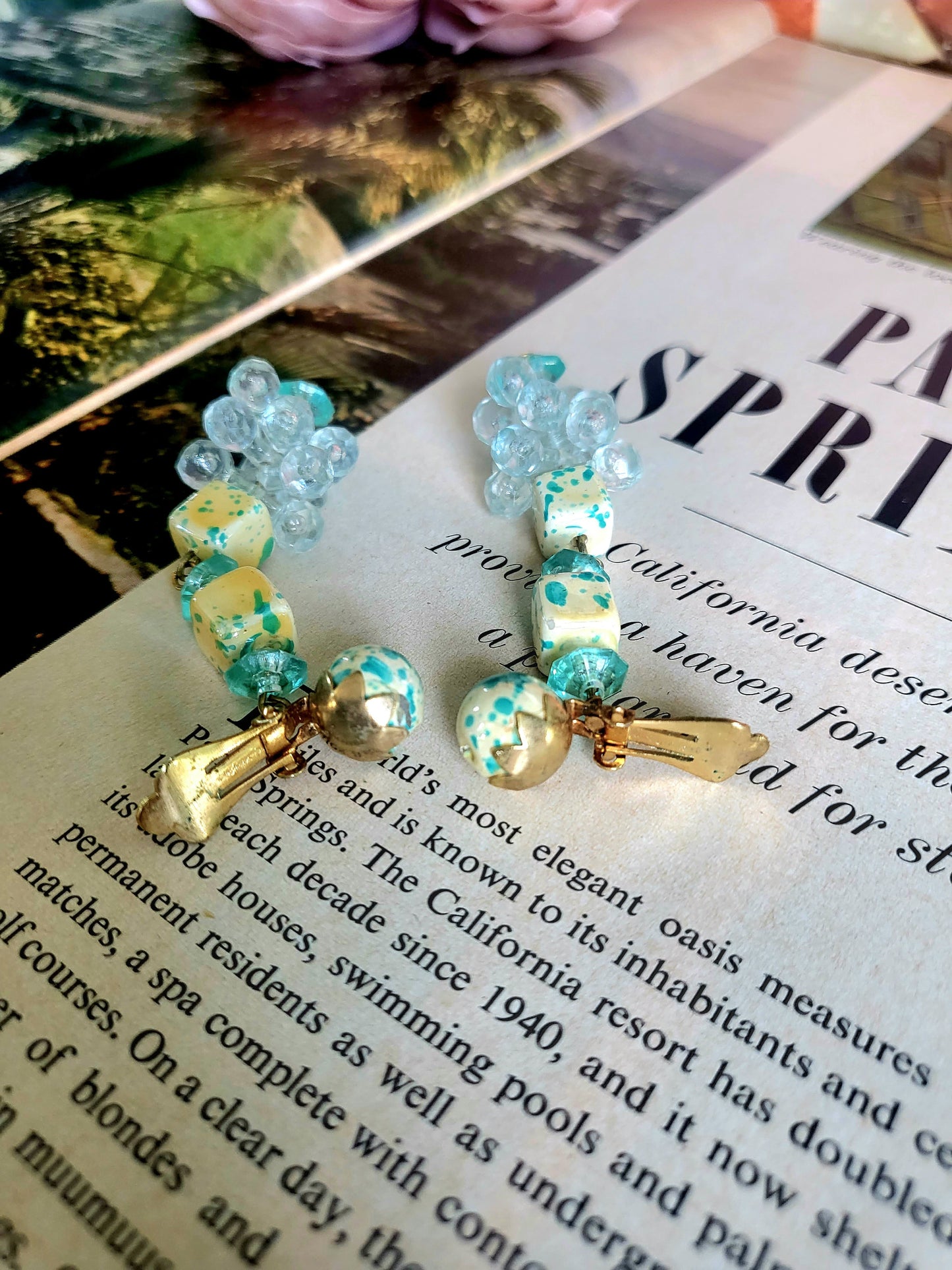 Vintage Teal Speckled Beaded Drop Earrings (Clip-on)