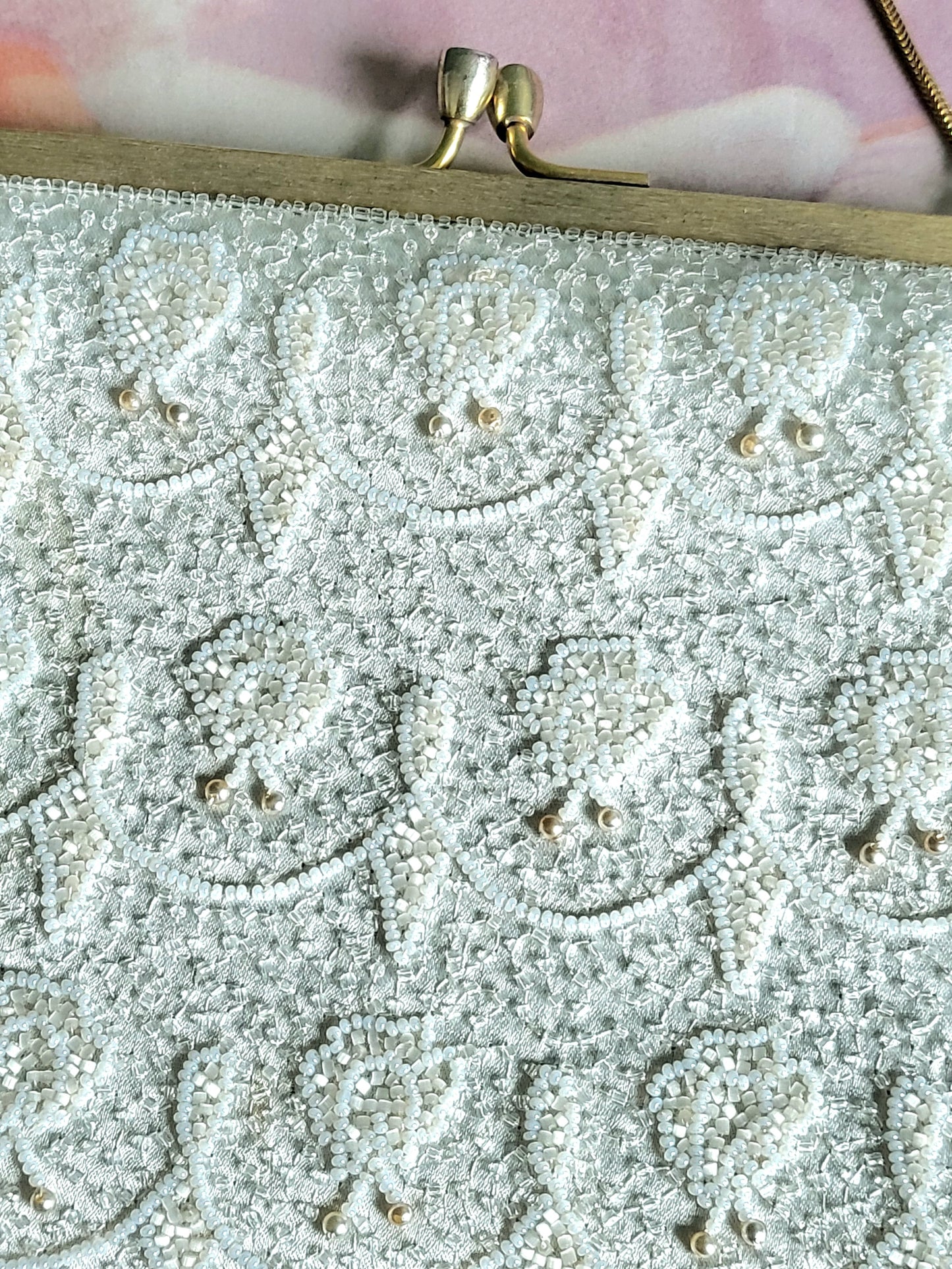 SOLD - Vintage 1950's White Satin and Bead Evening Bag