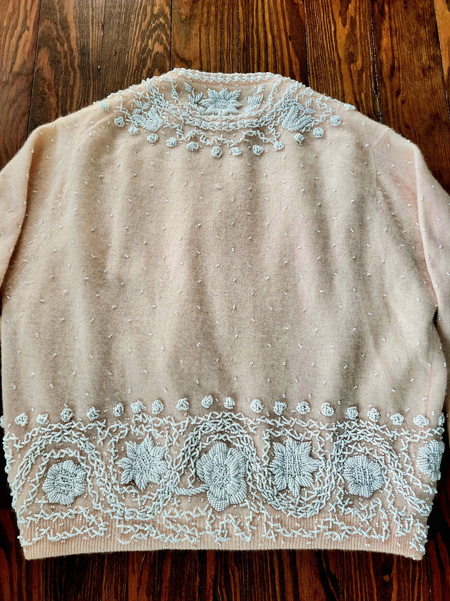 SOLD - Vintage 1950's Doreen Loh Pale Peach Beaded Cashmere Wool Cardigan