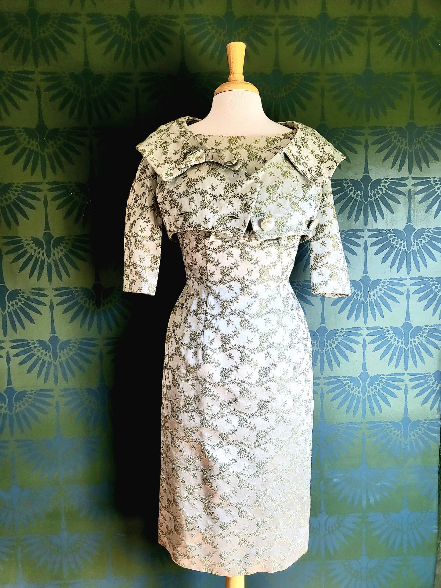 SOLD - Vintage 1950's-1960's Carol Craig Sage Green Brocade Wiggle Dress with Bolero