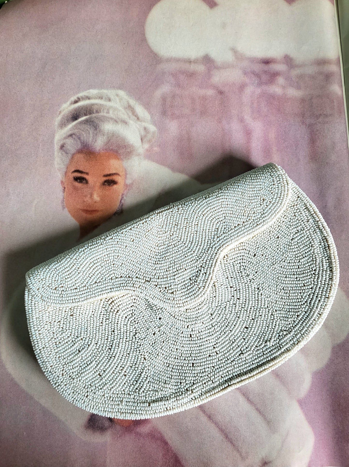 SOLD - Vintage 1950's "Walborg" White Micro-Bead Structured Clutch