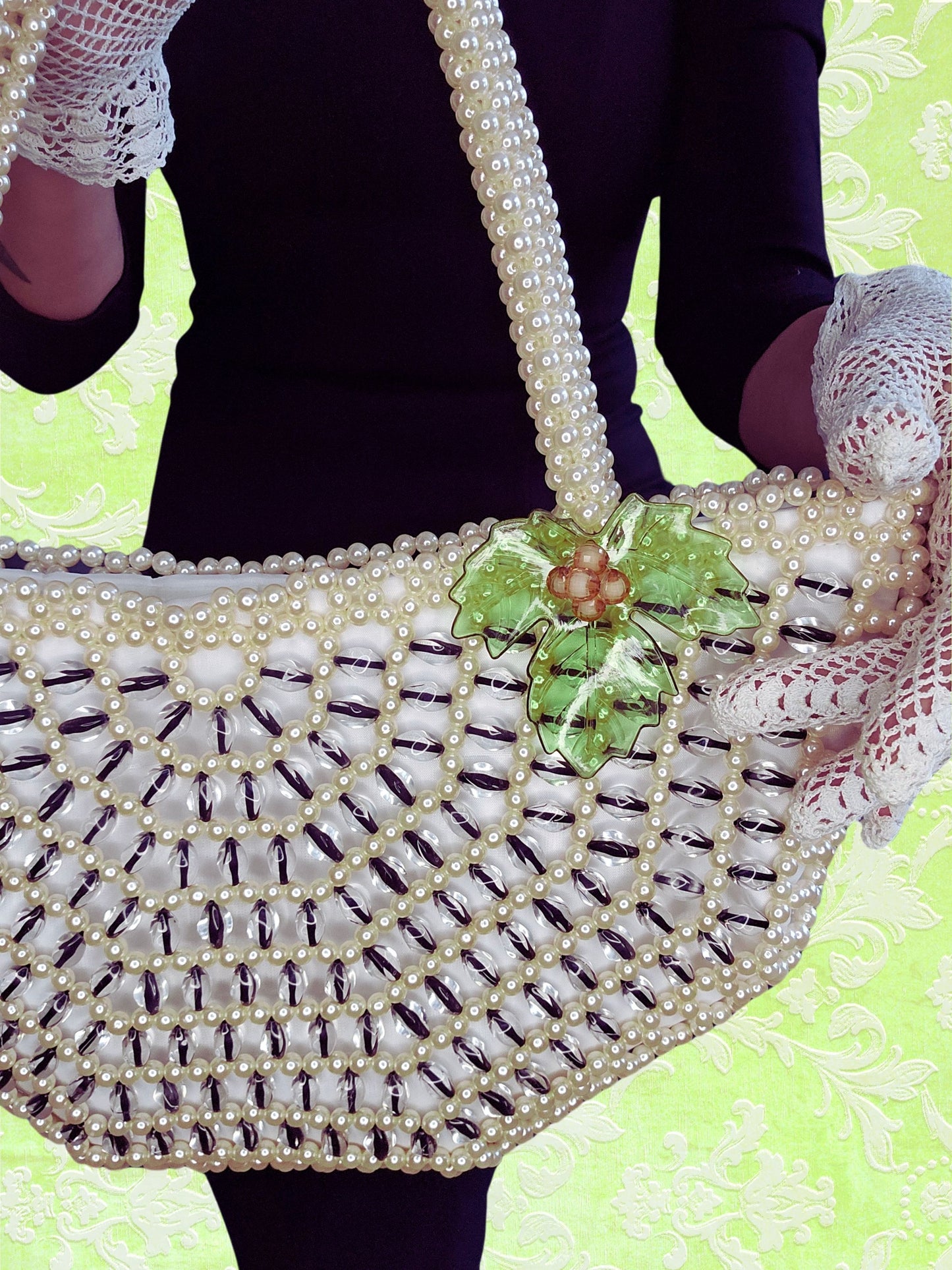 SOLD - Vintage Faux Pearl and Beaded Spider Web Handbag