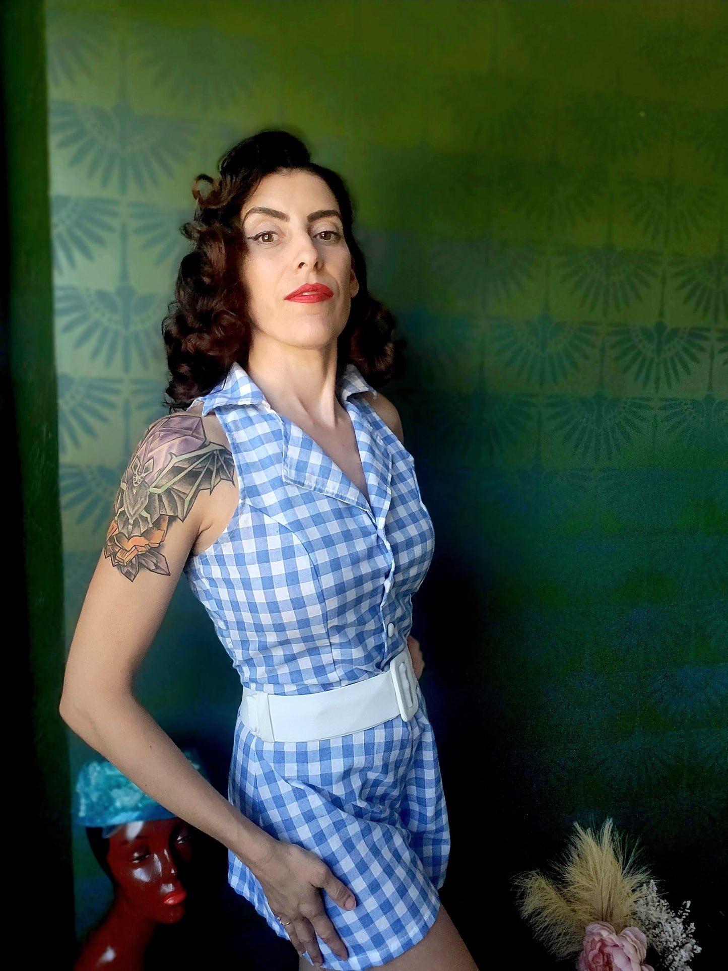 Vintage Style Gingham Playsuit - Blue/White