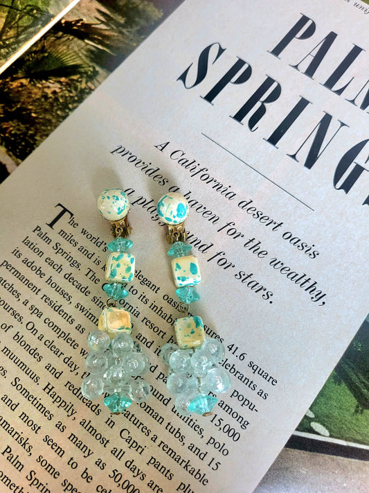 Vintage Teal Speckled Beaded Drop Earrings (Clip-on)
