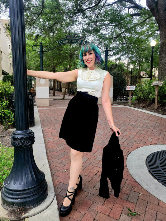 Vintage 1960's Ivory Satin and Black Velvet Color Block Dress with Bolero