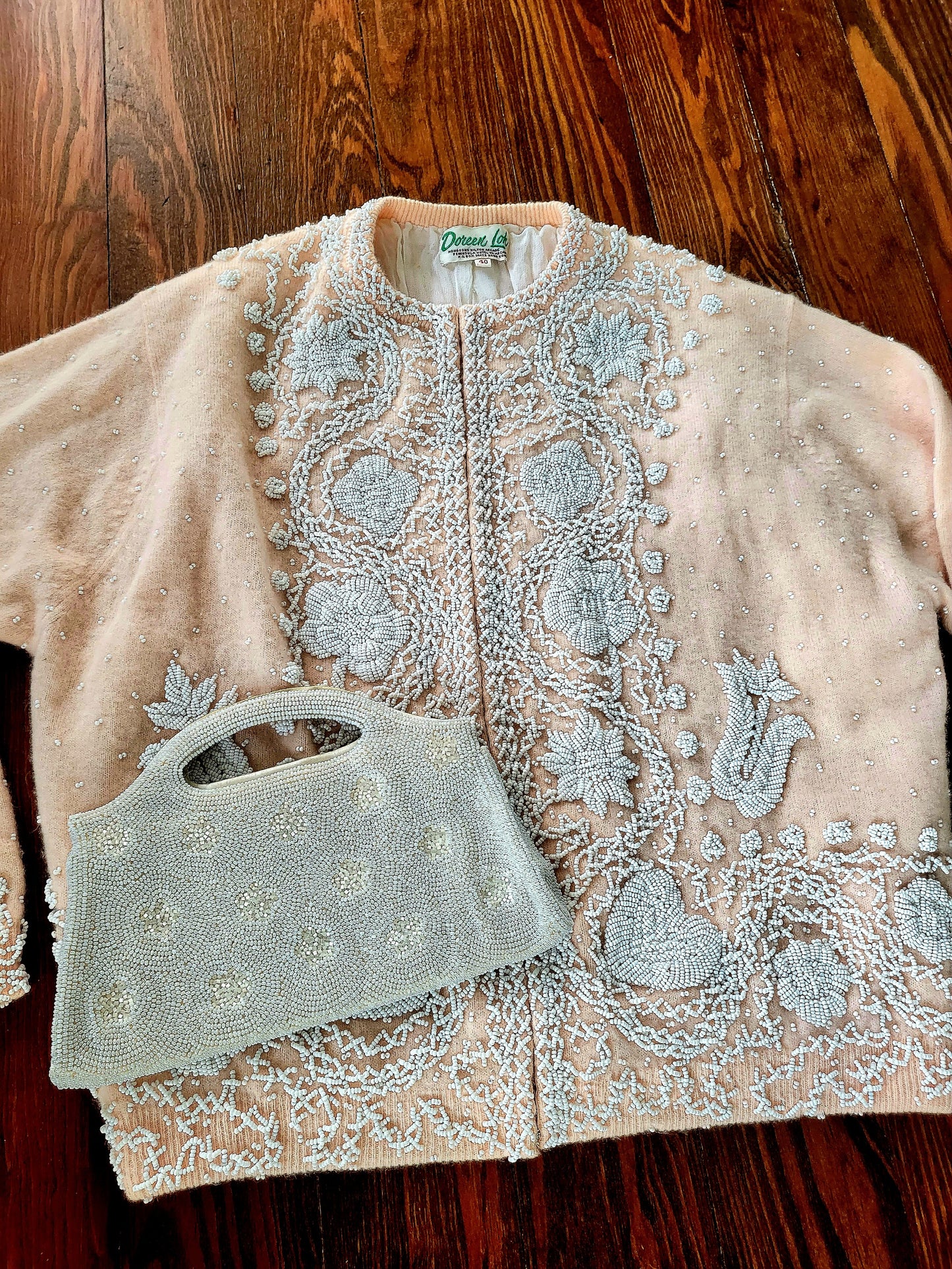 SOLD - Vintage 1950's Doreen Loh Pale Peach Beaded Cashmere Wool Cardigan